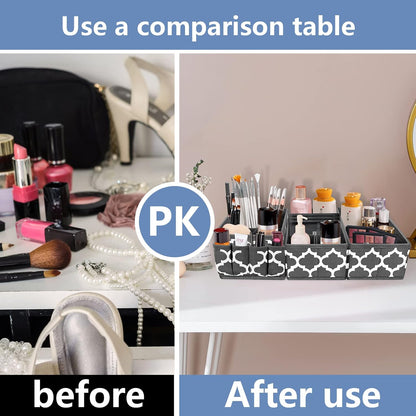 Makeup Basket Organizer, Fabric Portable Cosmetic Storage Organizer with Divider, Foldable Small Bins for Organizing Vanity, Bathroom Counter, Office, Set of 3 Grey