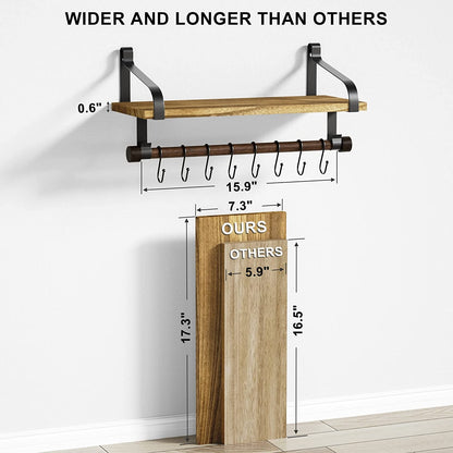 Rustic Wooden Shelf - Paper Towel Roll bar - 8 Removable Hooks (Black)