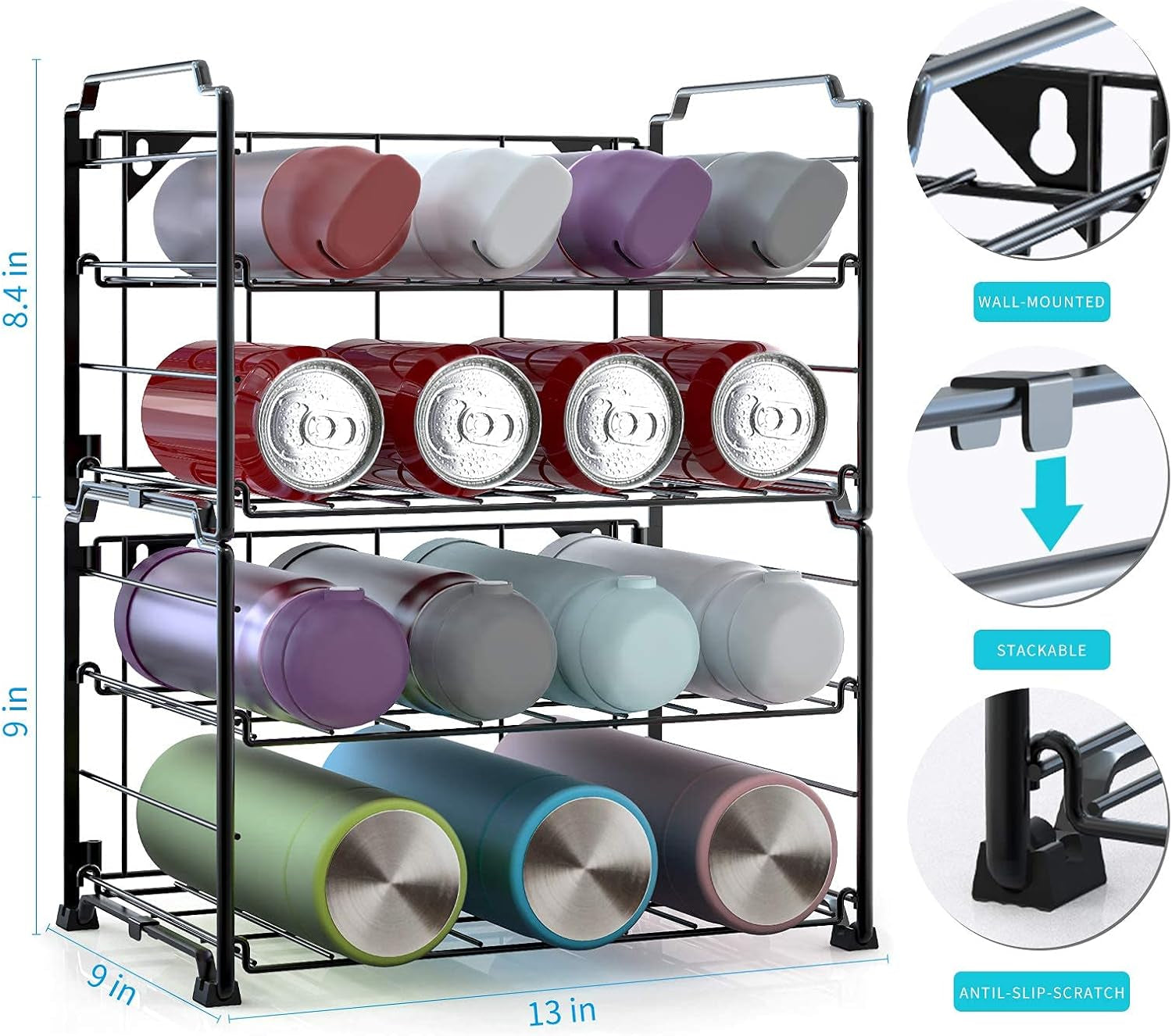 Adjustable Water Bottle Organizer Storage, 2-Tier Stackable Water Bottle Holder Rack, Black(2 Pack)