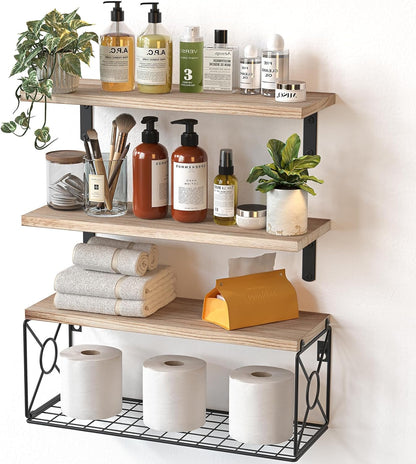 Amada Bathroom Shelves over Toilet with Storage Basket, Floating Shelves Wall Shelves for Home Organization &amp; Wall Decor, Bathroom/Kitchen/Living Room Shelves–Natural Wood