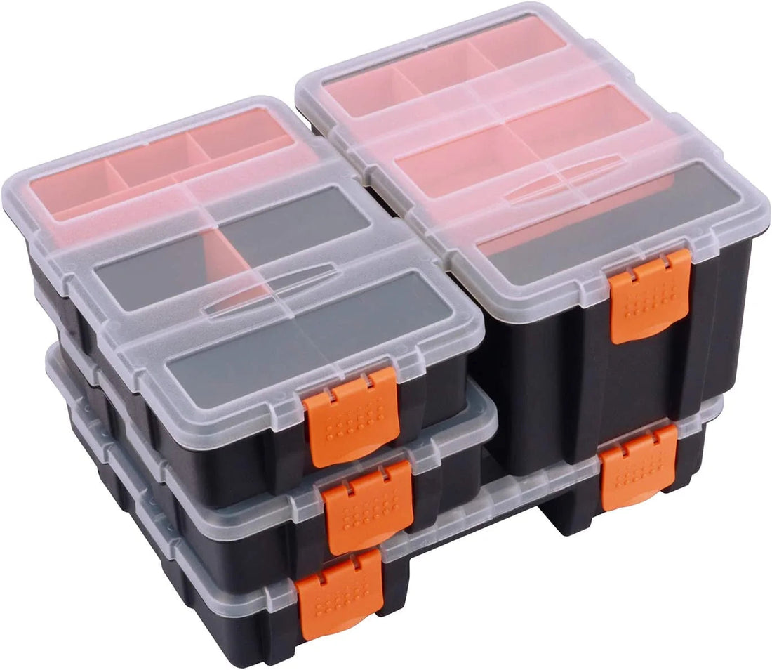 4 Piece Set Toolbox Hardware and Parts Organizers, Versatile and Durable Storage, Customizable Removable Plastic Dividers, Storage and Carry, Black/Orange