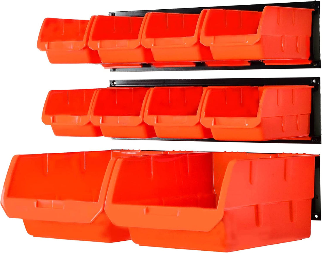Wall Mounted Storage Bins, Wall Storage Bins Parts Rack 10 Bins&amp;3 Rails Wall Mount Tool Organizer Hardware Storage Organizer (Orange)