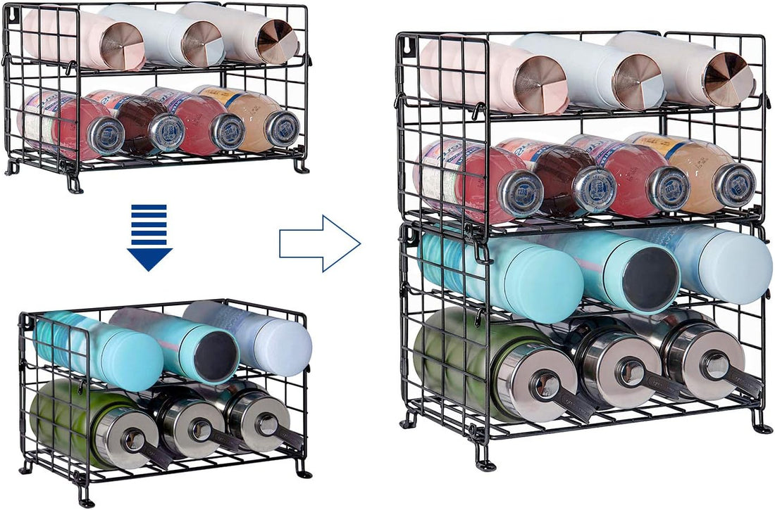 Adjustable Water Bottle Organizer,2-Tier Wall-Mounted Water Bottle Holder, Stackable Water Bottle Storage Rack for Kitchen Countertops,Pantry, Cabinet,Black,2-Tier Small