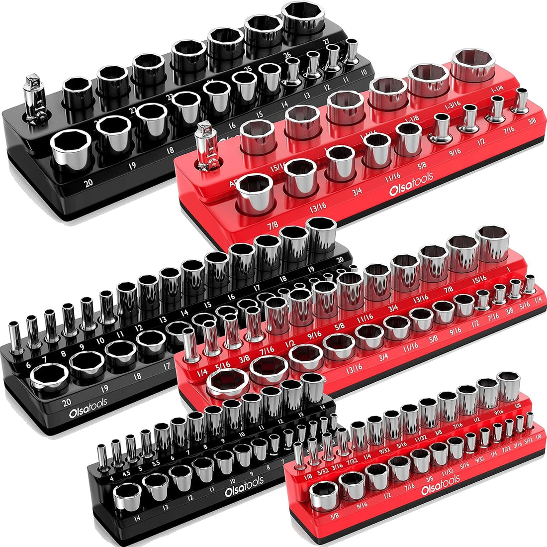 Magnetic Socket Organizer | 6 Piece Socket Holder Set | 1/2-Inch, 3/8-Inch, &amp; 1/4-Inch Drive | Metric Black, SAE Red | Holds 143 Sockets | Professional Quality Tool Organizers