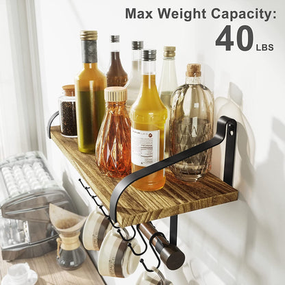 Rustic Wooden Shelf - Paper Towel Roll bar - 8 Removable Hooks (Black)