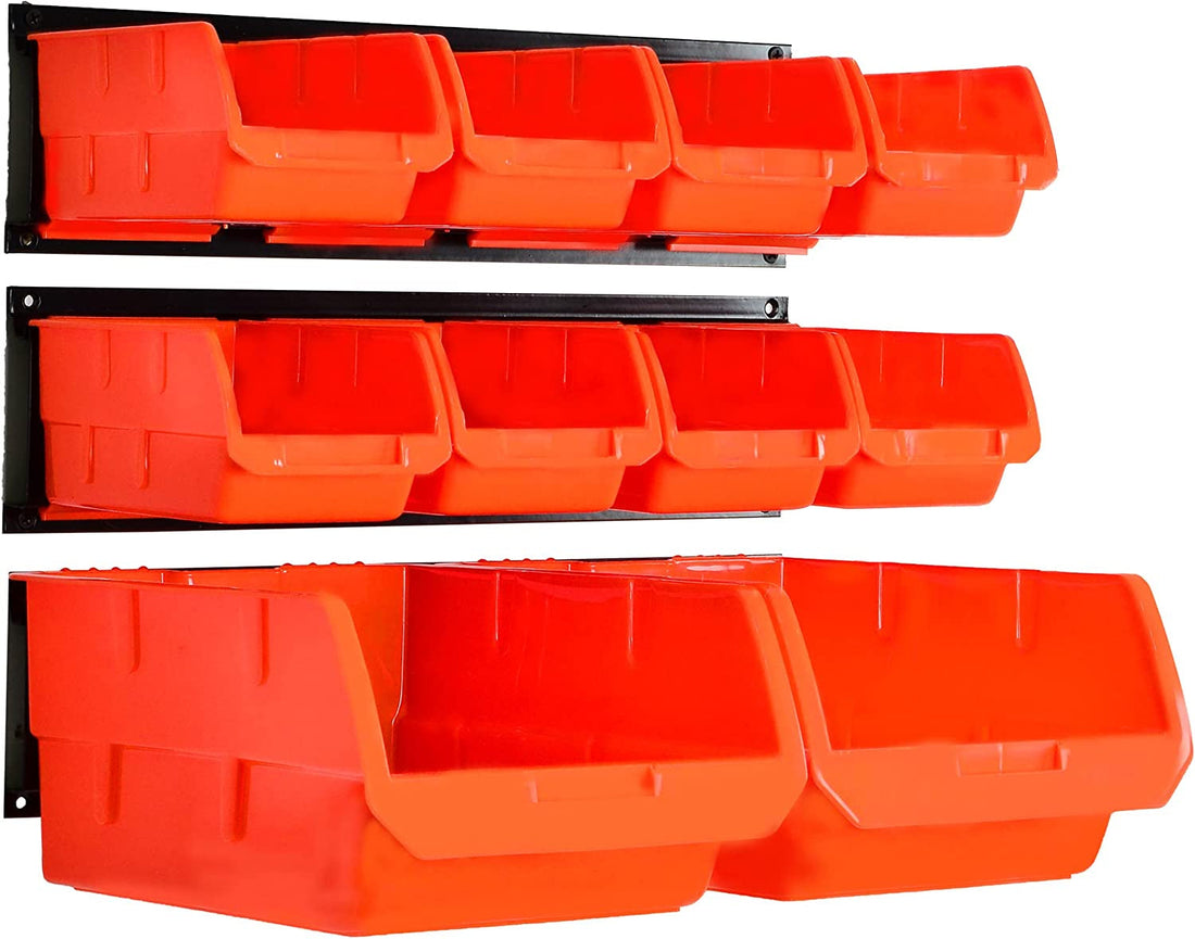 Wall Mounted Storage Bins, Wall Storage Bins Parts Rack 10 Bins&amp;3 Rails Wall Mount Tool Organizer Hardware Storage Organizer (Orange)