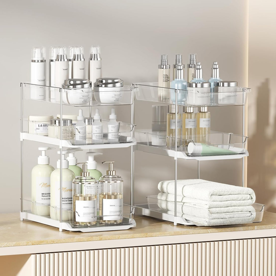 2 Sets of 3-Tier Bathroom under Sink Organizers and Storage, Multi-Purpose Stackable Pantry Organization and Storage, Pull Out Clear Kitchen Bathroom Cabinet Organizer with Movable Dividers